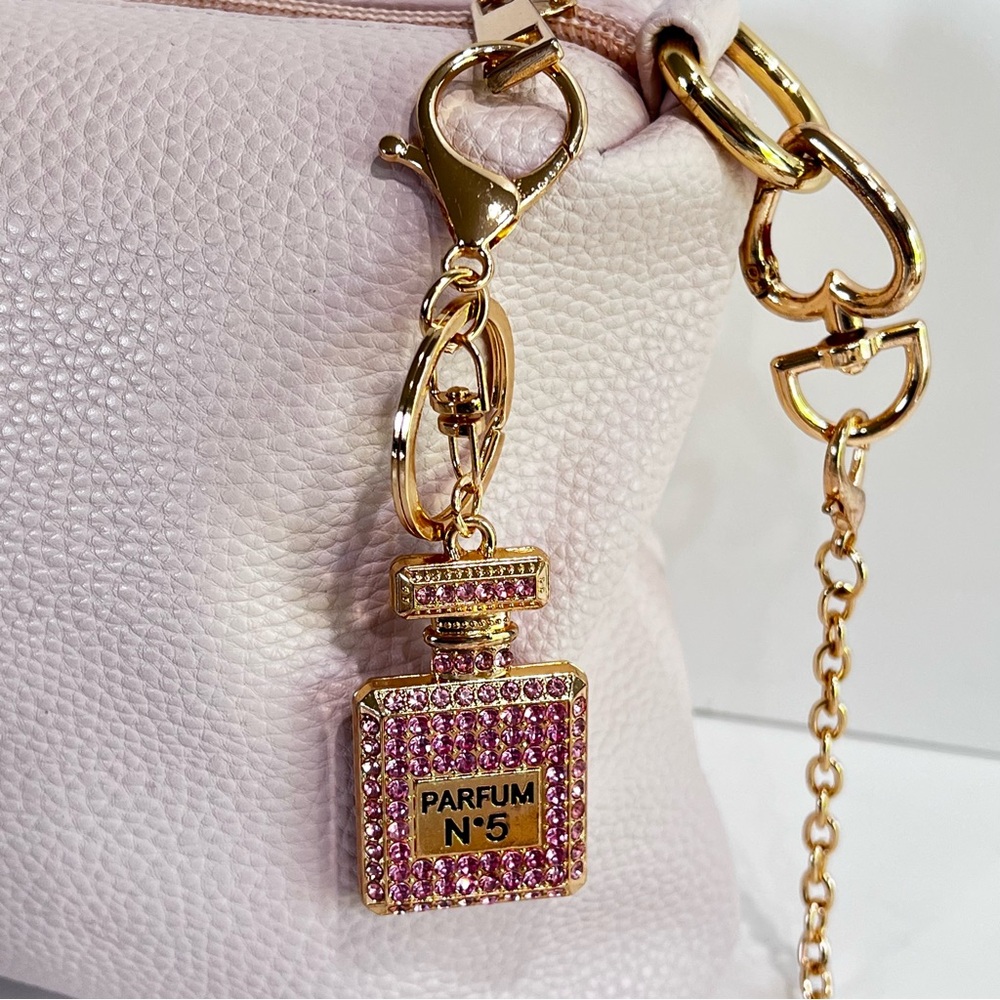 Pink and Gold Rhinestone Perfume #5 Bag Charm Keychain Accessory